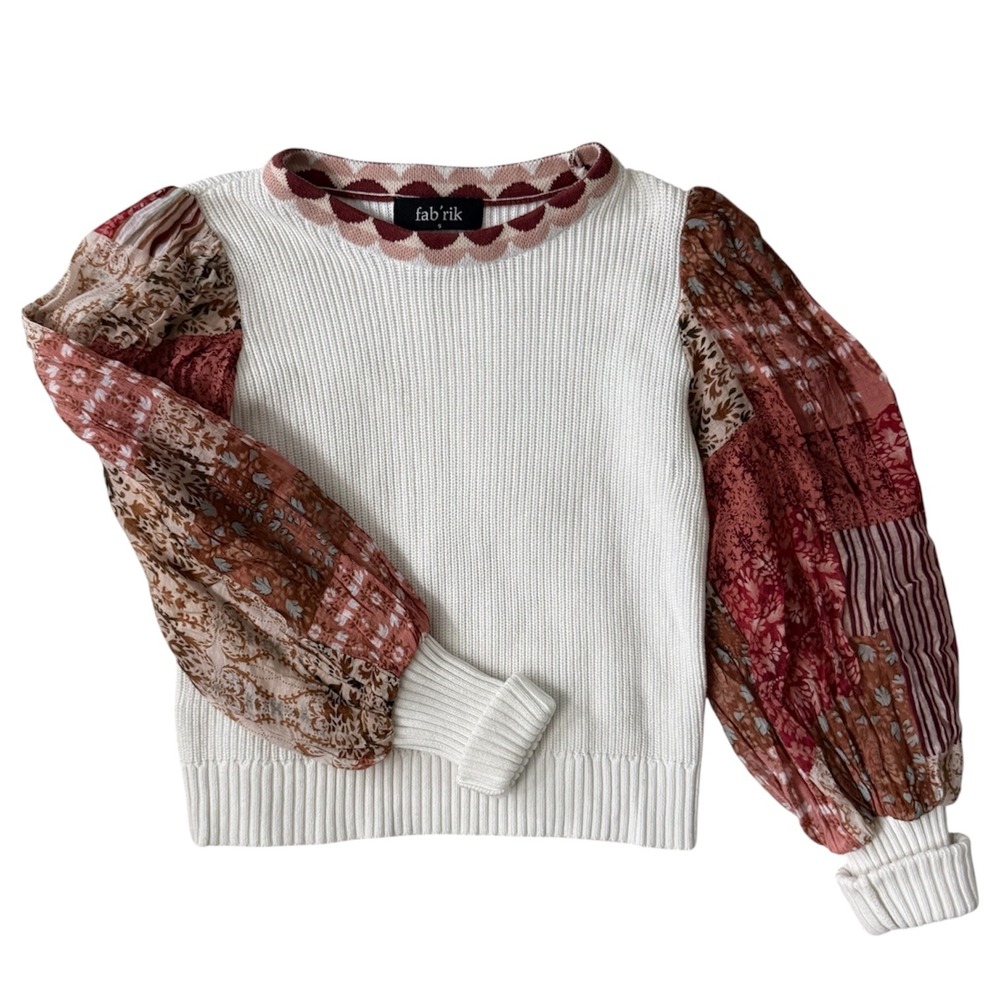 Boho White Ribbed Rust‎ Orange Patchwork Balloon Sleeve Sweater Size Small - Picture 2 of 6